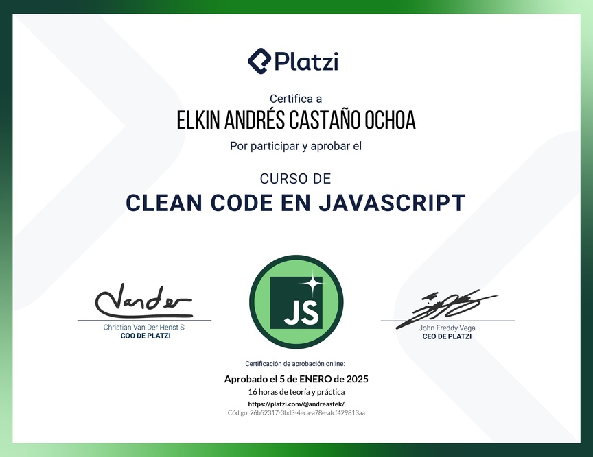 Diploma del Curso de Clean Code y Buenas Prácticas con JavaScript
