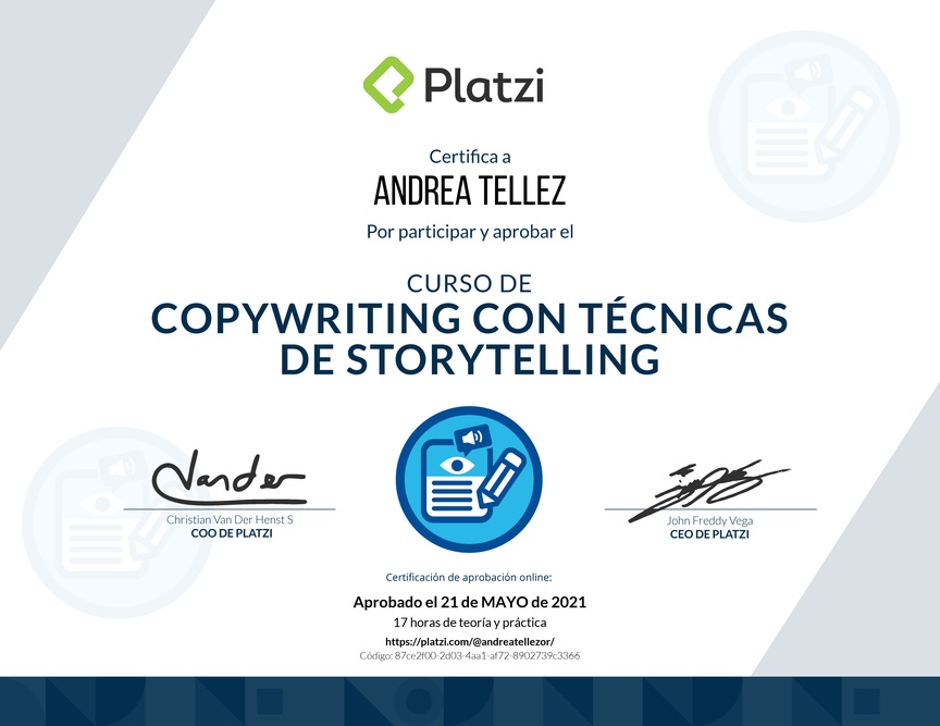 Diploma del Curso de Copywriting con Técnicas de Storytelling