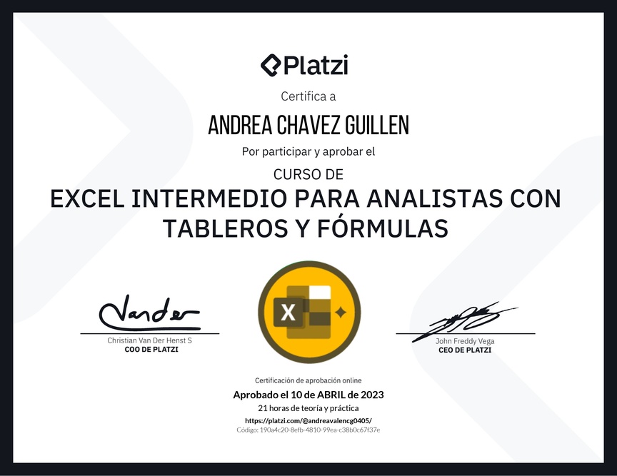 Diploma del Curso de Excel Intermedio para Analistas con Tableros y Fórmulas