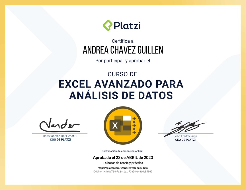 Diploma del Curso de Excel Avanzado para Análisis de Datos
