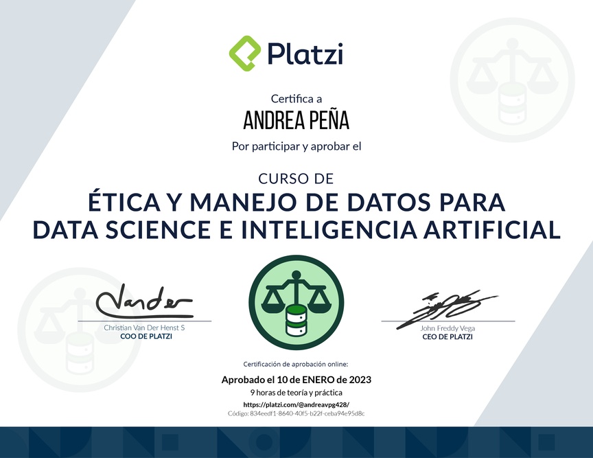 Diploma del Curso de Ética y Manejo de Datos para Data Science e Inteligencia Artificial