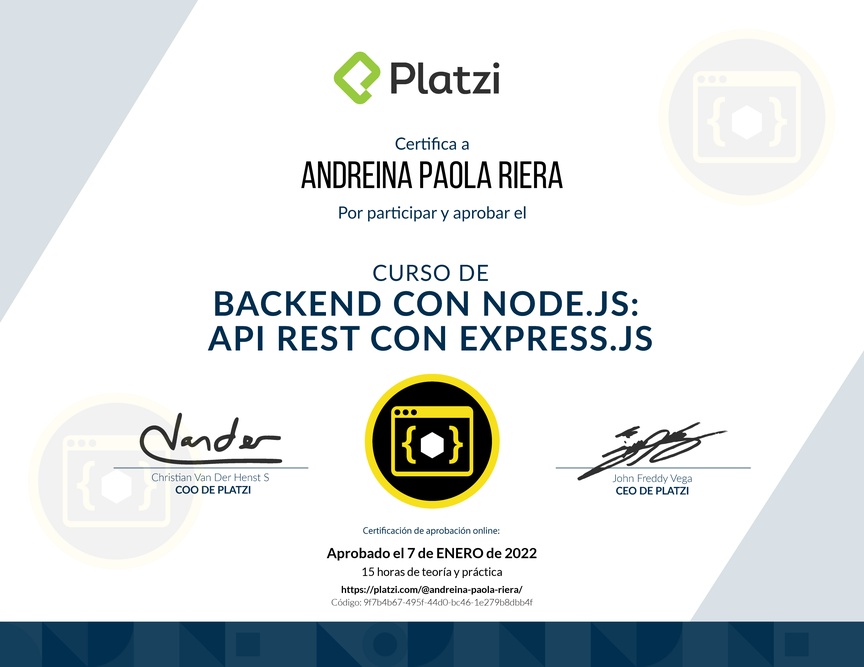 Diploma del Curso de Backend con Node.js: API REST con Express.js