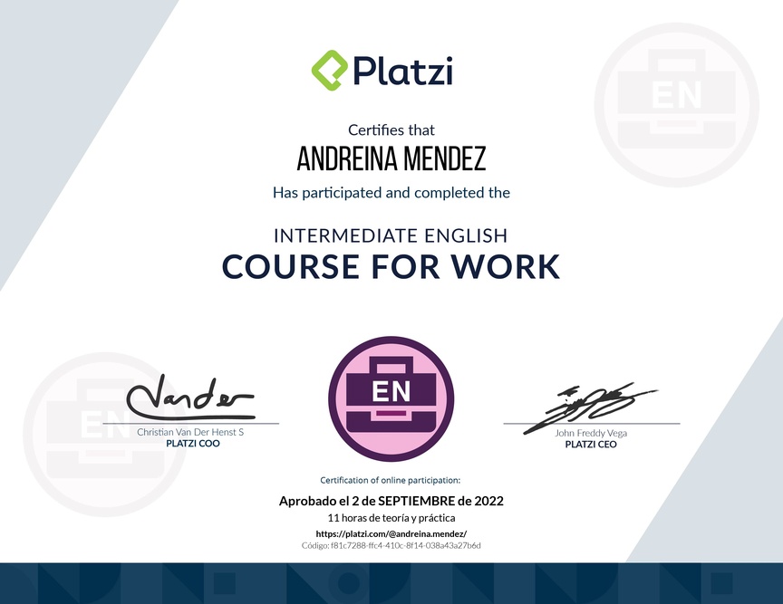 Diploma del Curso Intermedio de  Inglés  para el Trabajo 2020