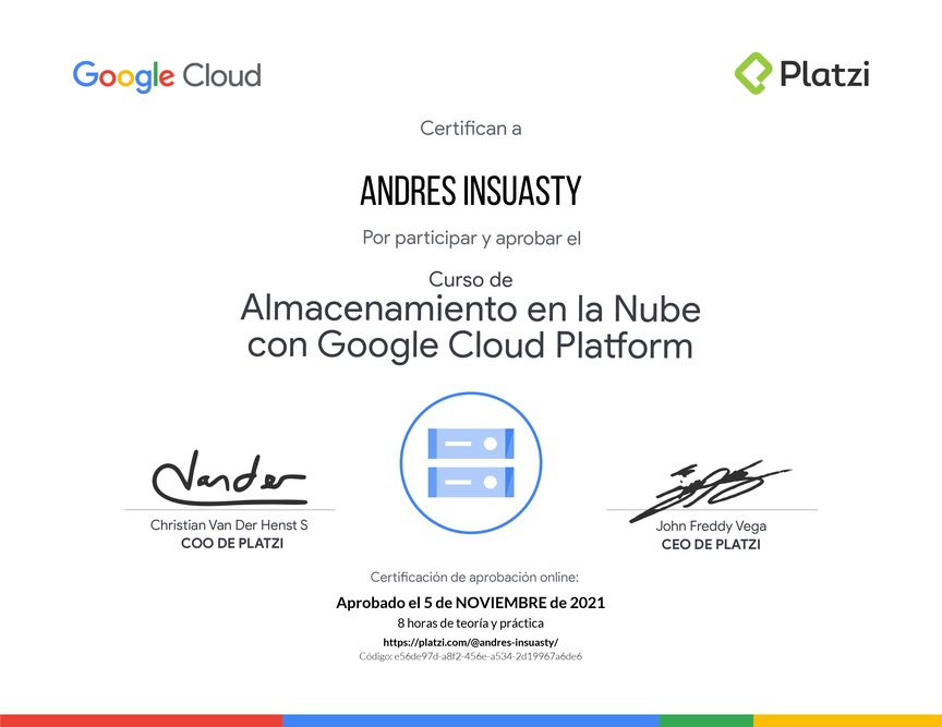 Diploma del Curso de Almacenamiento en la Nube con Google Cloud Platform