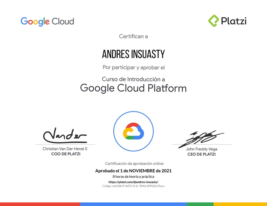 Diploma del Curso de Introducción a Google Cloud Platform