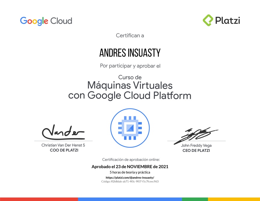 Diploma del Curso de Máquinas Virtuales con Google Cloud Platform