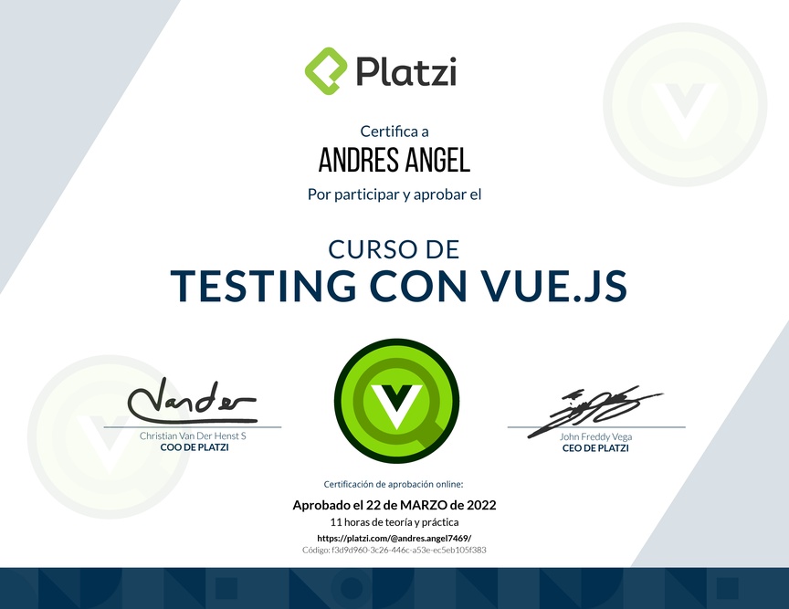 Diploma del Curso de Testing con Vue.js 2