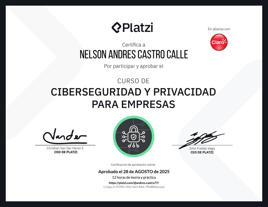 Diploma del Curso de Ciberseguridad y Privacidad para Empresas