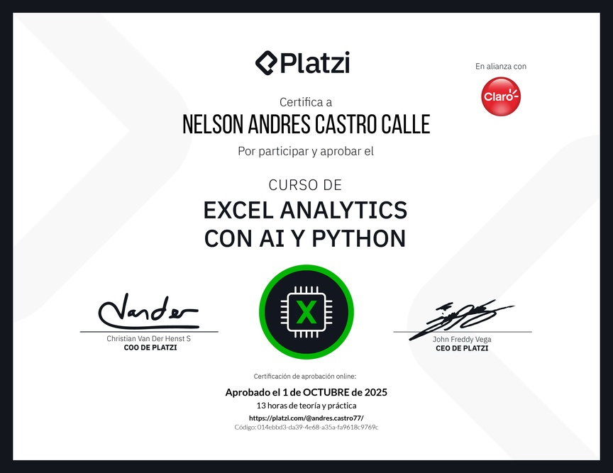 Diploma del Curso de Excel Analytics con AI y Python