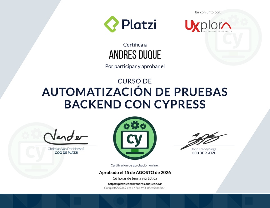 Diploma del Curso de Automatización de Pruebas de Backend con Cypress