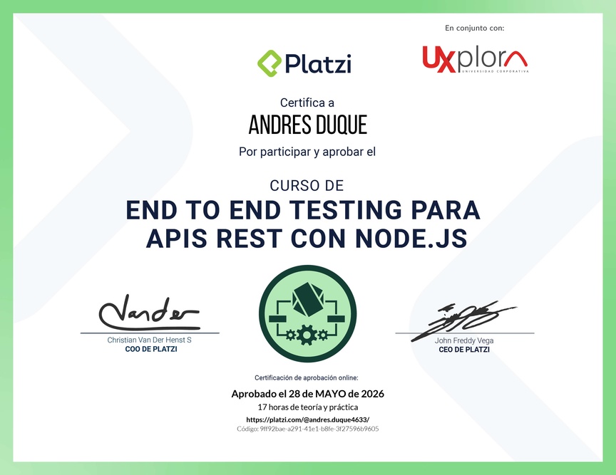 Diploma del Curso de End to End Testing para APIs REST con Node.js