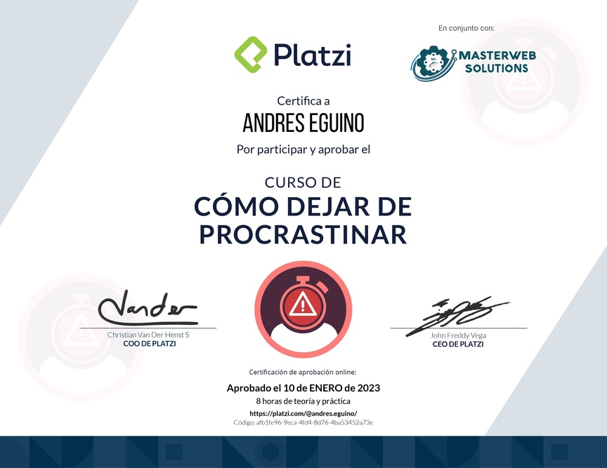 Diploma del Curso de Cómo Dejar de Procrastinar