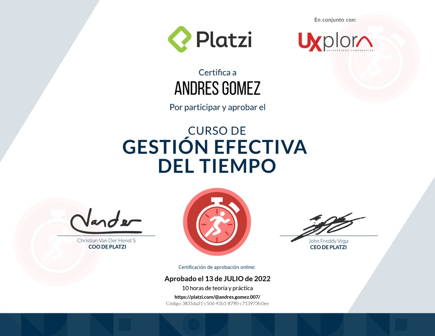 Diploma del Curso de Gestión Efectiva del Tiempo