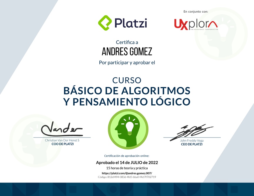 Diploma del Curso Básico de Algoritmos y Pensamiento Lógico