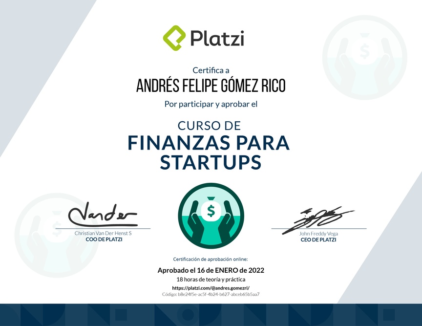 Diploma del Curso de Finanzas para Startups