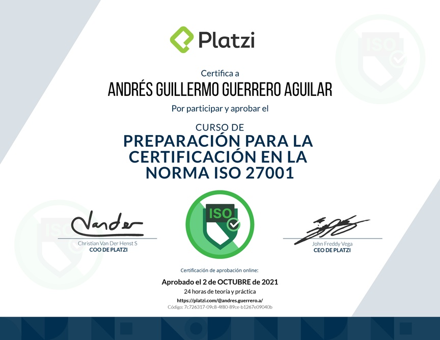 Diploma del Curso de Preparación para la Certificación en la Norma ISO 27001 (2020)