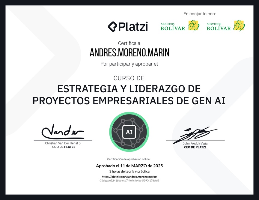 Diploma del Curso de Estrategia y Liderazgo de Proyectos Empresariales de Gen AI