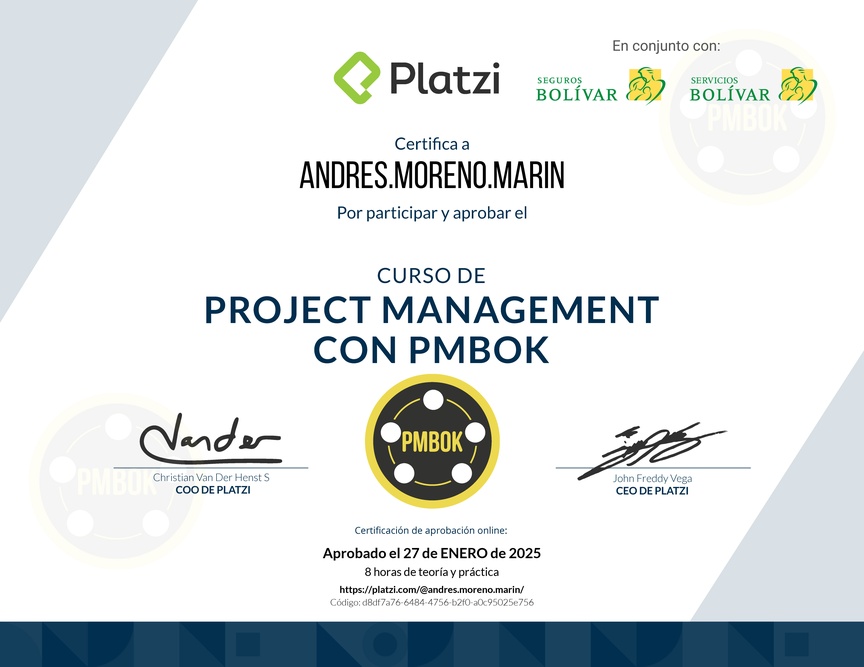 Diploma del Curso de Project Management con PMBOK