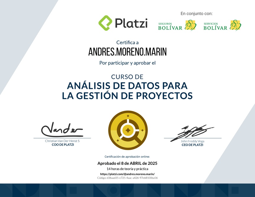 Diploma del Curso de Análisis de Datos para la Gestión de Proyectos