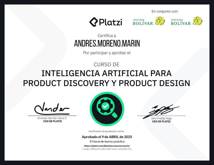 Diploma del Curso de Inteligencia Artificial para Product Discovery y Product Design: Herramientas y Técnicas