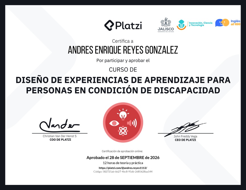 Diploma del Curso de Diseño de Experiencias de Aprendizaje para Personas en Condición de Discapacidad