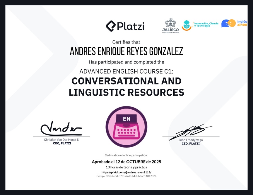 Diploma del Curso de Inglés Avanzado C1: Recursos Conversacionales y Lingüísticos