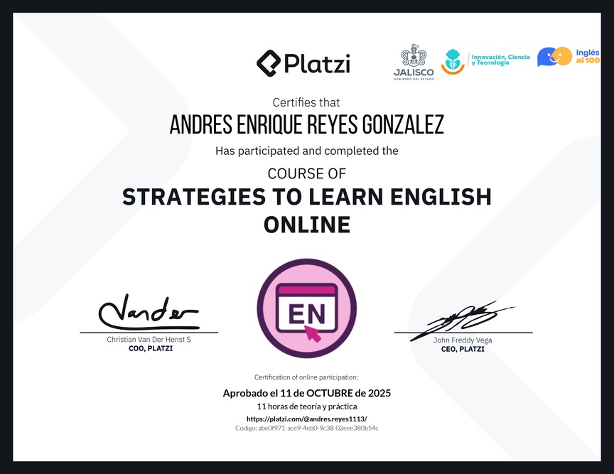 Diploma del Curso Gratis de Estrategias para Aprender Inglés en Línea