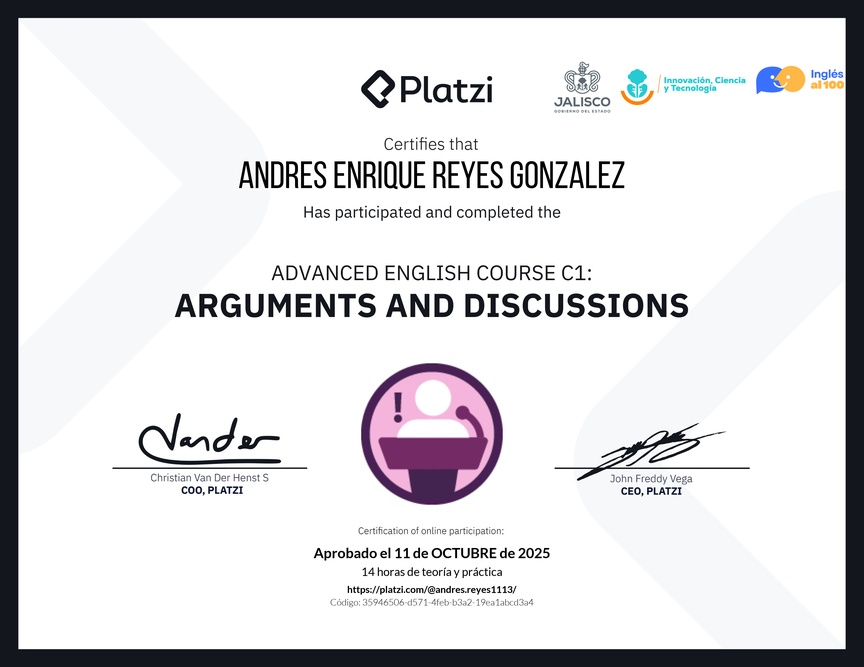 Diploma del Curso de Inglés Avanzado C1: Argumentos y Discusiones