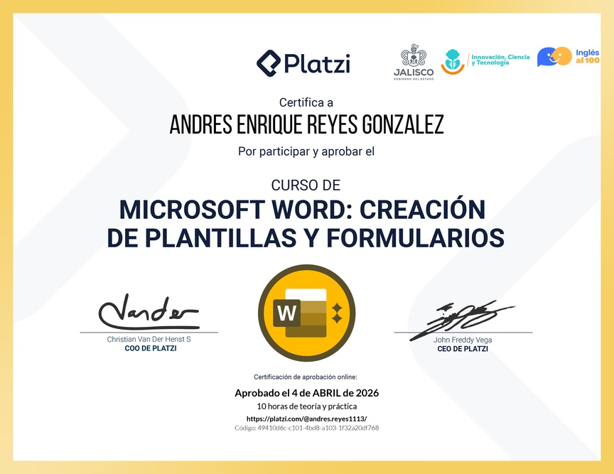 Diploma del Curso de Microsoft Word: Diseño de Plantillas y Creación de Formularios