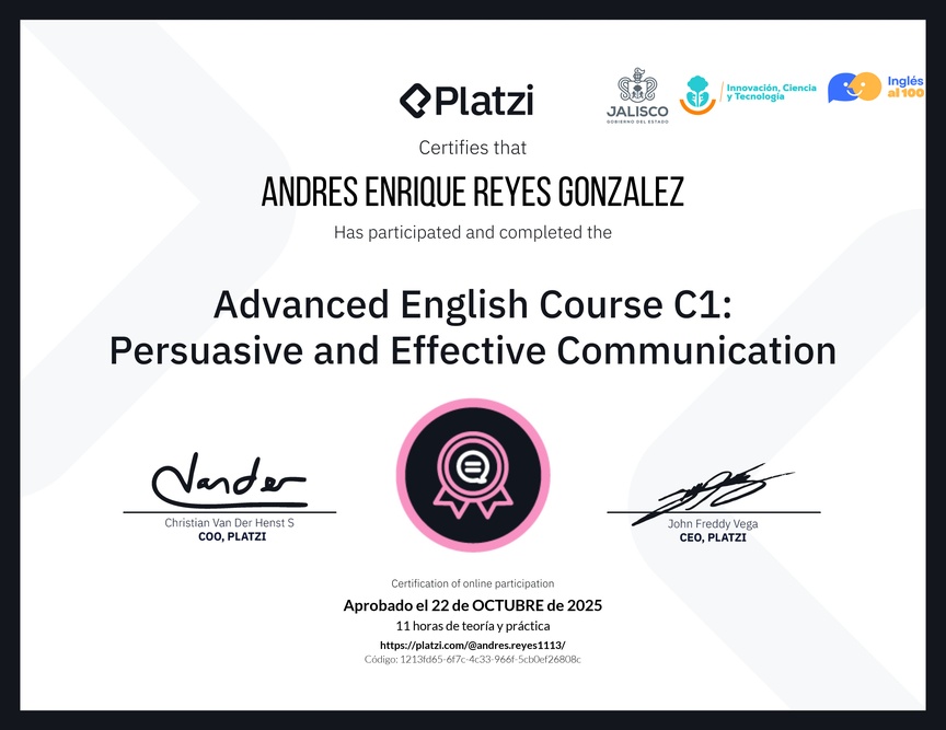 Diploma del Curso de Inglés Avanzado C1: Comunicación Persuasiva y Efectiva