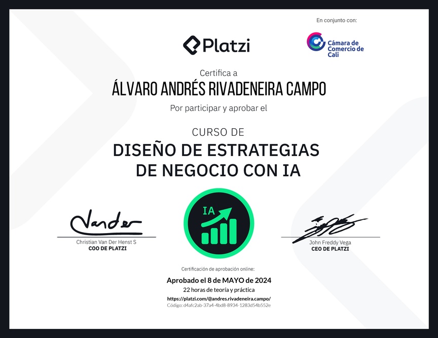 Diploma del Curso de Diseño de Estrategias de Negocio con Inteligencia Artificial: Optimización y Personalización