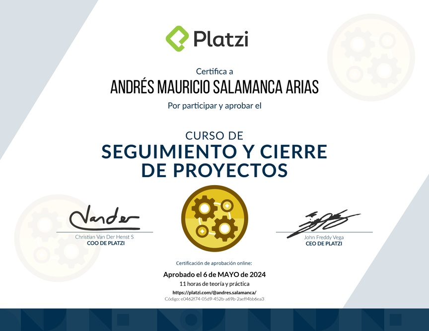 Diploma del Curso de Seguimiento y Cierre de Proyectos