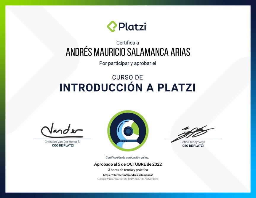 Diploma del Curso de Introducción a Platzi