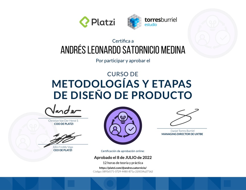Diploma del Curso de Metodologías de Diseño de Productos Digitales