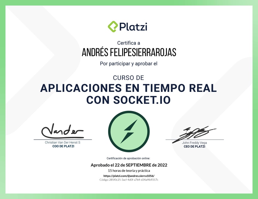 Diploma del Curso de Aplicaciones en Tiempo Real con Socket.io