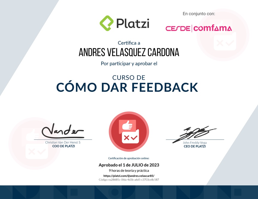Diploma de Audiocurso de Cómo Dar Feedback