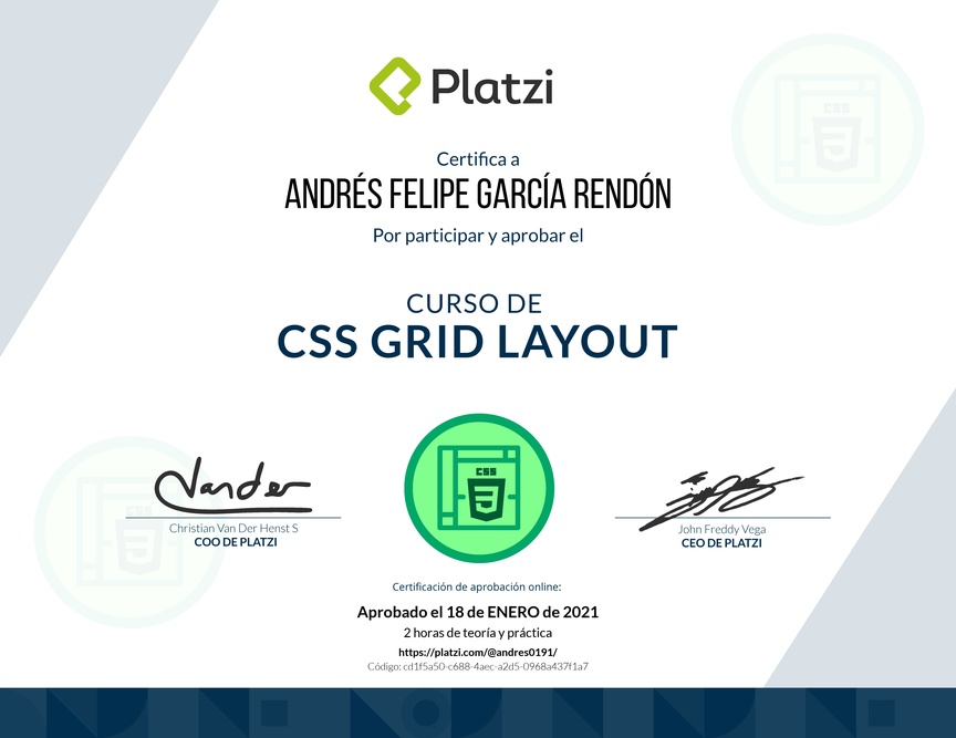Diploma del Curso de CSS Grid Layout 2017
