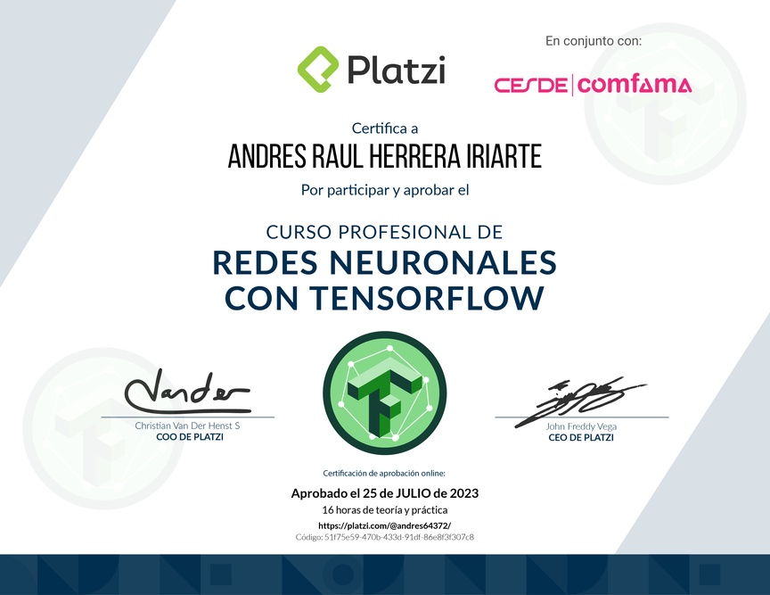Diploma del Curso Profesional de Redes Neuronales con TensorFlow