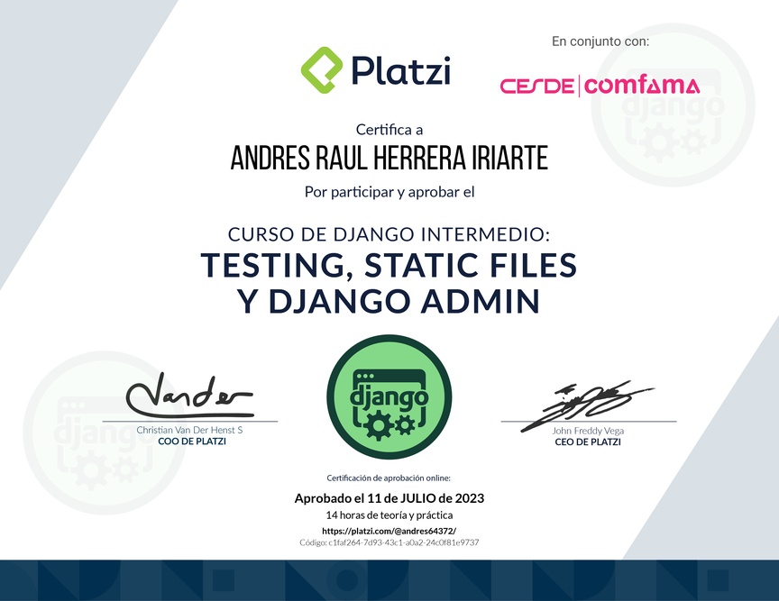 Diploma del Curso de Django Intermedio: Testing, Static Files, Django Admin