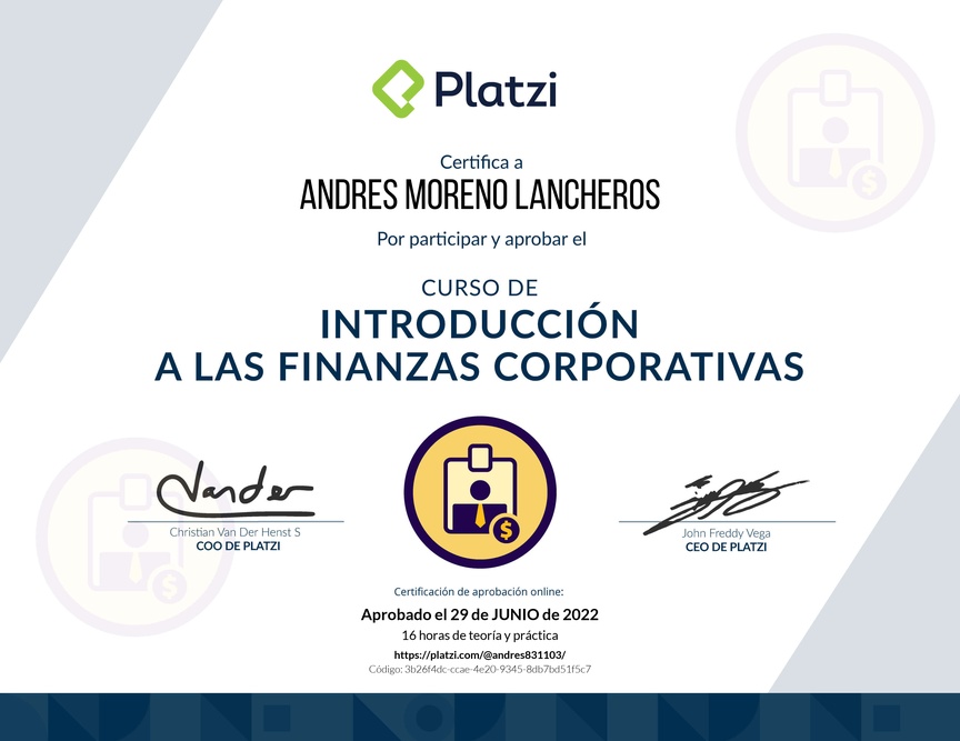 Diploma del Curso de Introducción a las Finanzas Corporativas