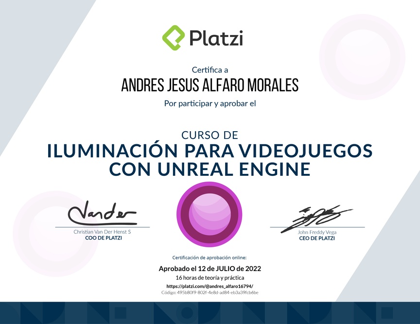 Diploma del Curso de Iluminación para Videojuegos con Unreal Engine