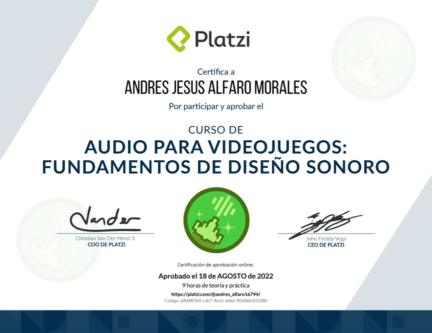 Diploma del Curso de Audio para Videojuegos: Fundamentos de Diseño Sonoro