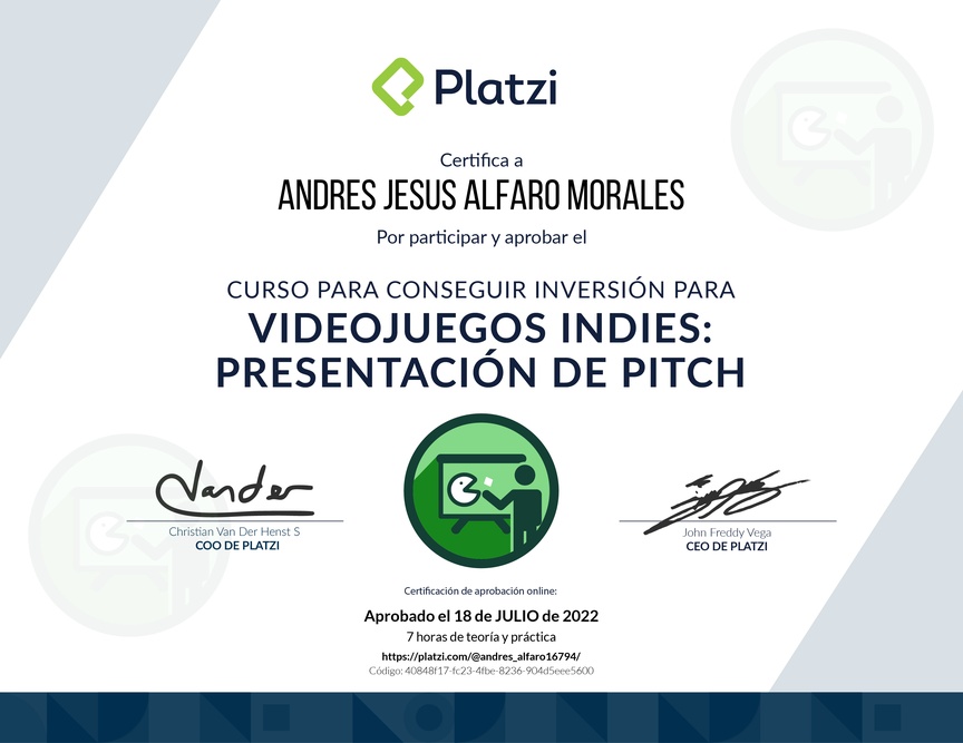 Diploma del Curso para Conseguir Inversión para Videojuegos: Presentación de Pitch