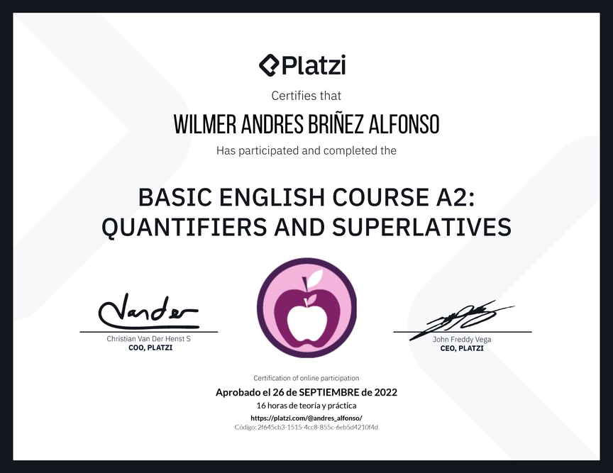 Diploma del Curso de Inglés Básico A2: Cuantificadores y Superlativos