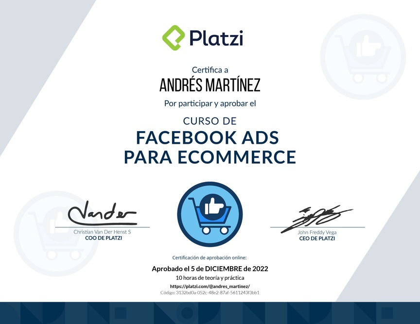 Diploma del Curso de Facebook Ads para comercios electrónicos.