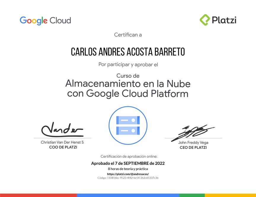 Diploma del Curso de Almacenamiento en la Nube con Google Cloud Platform