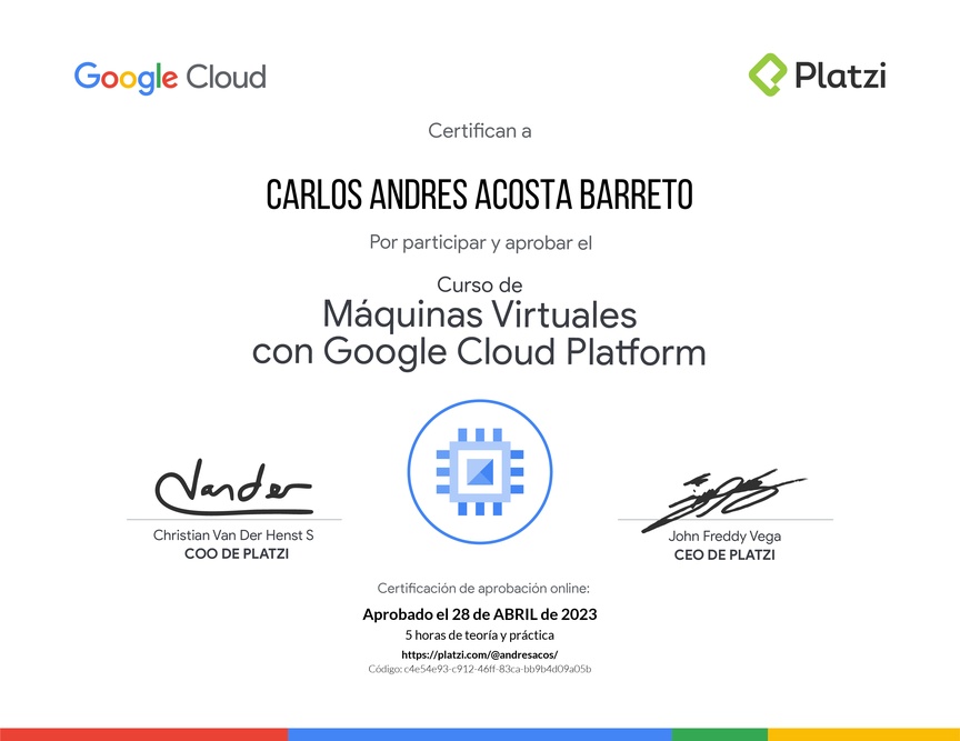 Diploma del Curso de Máquinas Virtuales con Google Cloud Platform