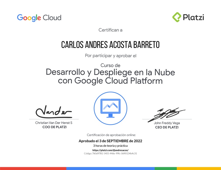 Diploma del Curso de Desarrollo y Despliegue en la Nube con Google Cloud Platform