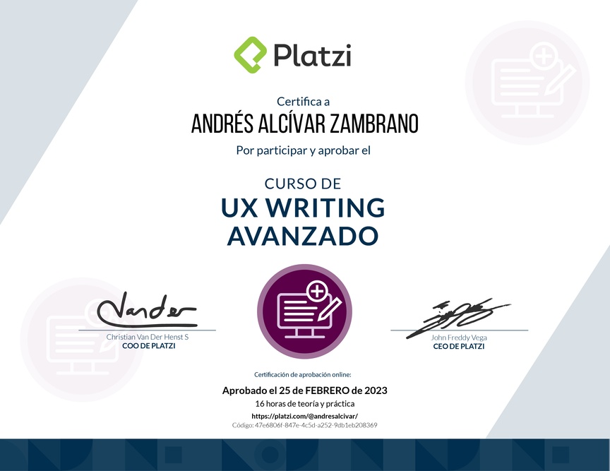 Diploma del Curso de UX Writing Avanzado