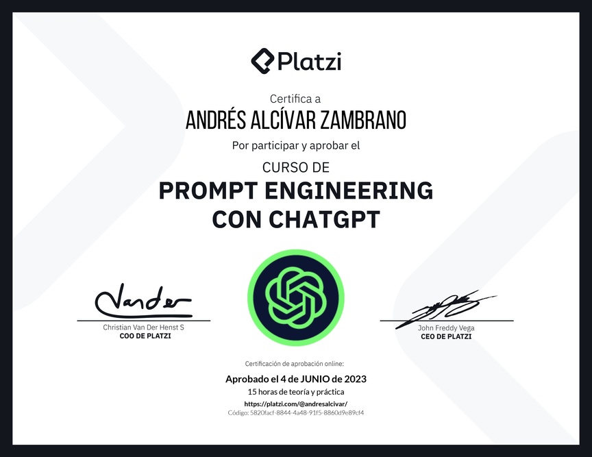 Diploma del Curso de Prompt Engineering con ChatGPT